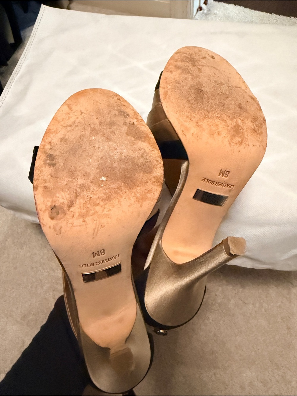 Badgley Mischka Metallic Gold and Black Satin Crisscross High Heels - Picture 3 of 5